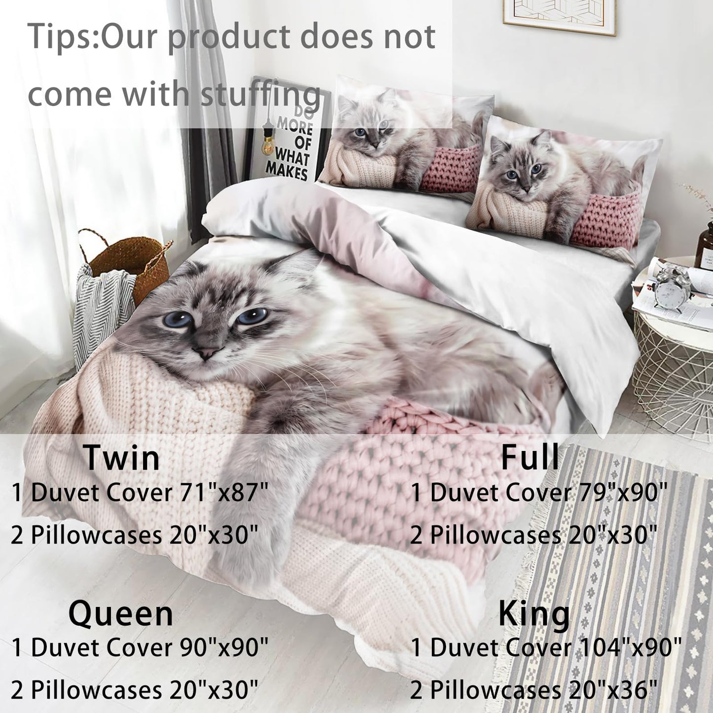 AILONEN Cat Duvet Cover Set, Full Size, Kawaii Pet Animal Cat Lover Comforter Cover Set, 3 Pieces, 1 Quilt Cover and 2 Pillowcases