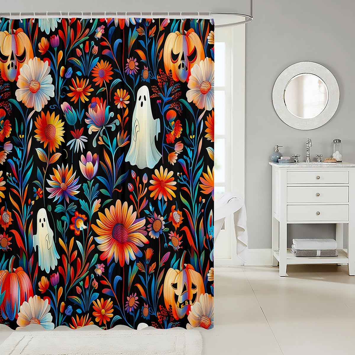 jejeloiu Halloween Bath Curtain 72"x78" Cute Ghost Shower Curtain for Bathroom Decor for Kids Teens Adults Floral Waterproof Polyester Fabric Unique Festival Room Decor All Season Soft