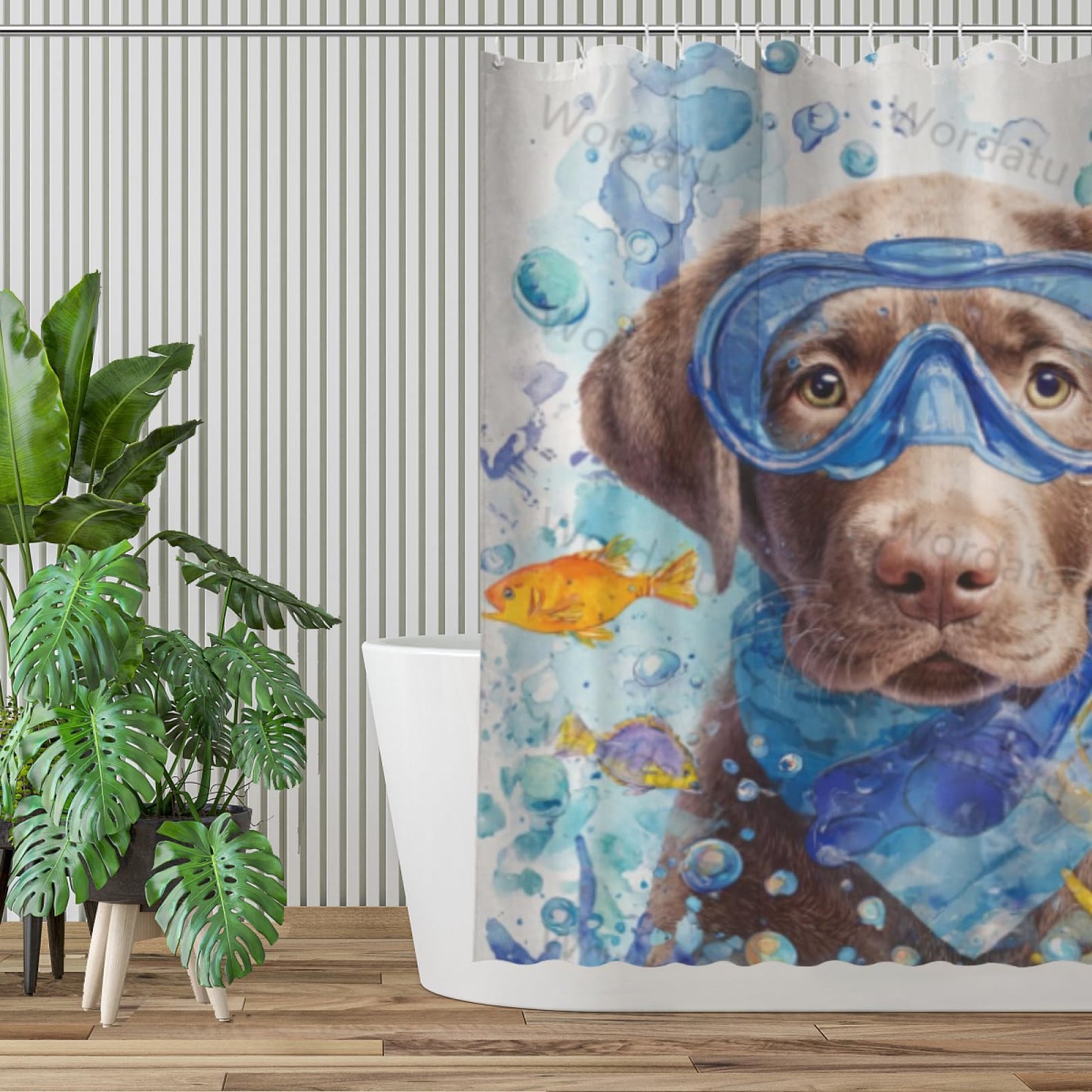 Wordatu Funny Labrador Retriever Shower Curtain Teal Blue Sea Ocean Waterproof Fabric Shower Curtains for Bathroom with Animal Starfish Nautical Bathroom Curtain 72x72 Inches