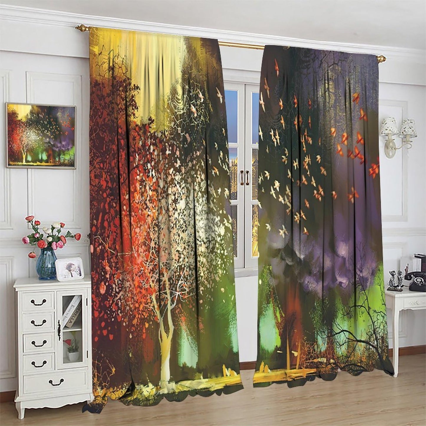 Fantasy Forest Blackout Window Curtain, Forest with Mysterious Trees and Birds Supernatural Vivid Wo for Girls Boys Living Room Bedroom Decor Window Drapes 2 Panels 42x45 Inch