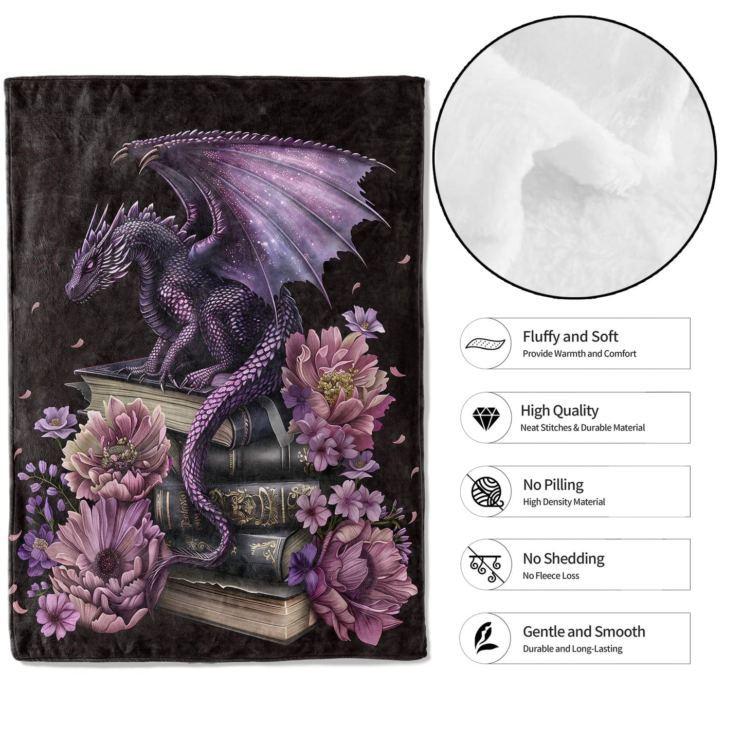 MIEPOS Fantasy Dragon Book Blanket Soft Lightweight, Dark Floral Magical Style Flannel Throw Blankets for Couch Sofa Camping Office Travel Home Bedroom Decor, Kids Women Gifts 60"X50"