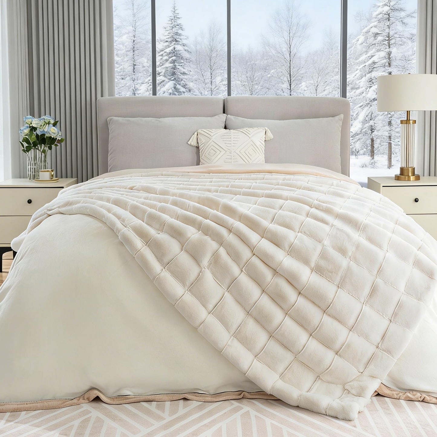Touchat Faux Fur Throw Blanket, Luxury 1000GSM Ultra Thick Warm Rabbit Blanket for Couch Bed Sofa, 3D Checkered Pattern Soft Winter Heavy Minky Fluffy Blankets for Women Christmas Birthday Gift, White