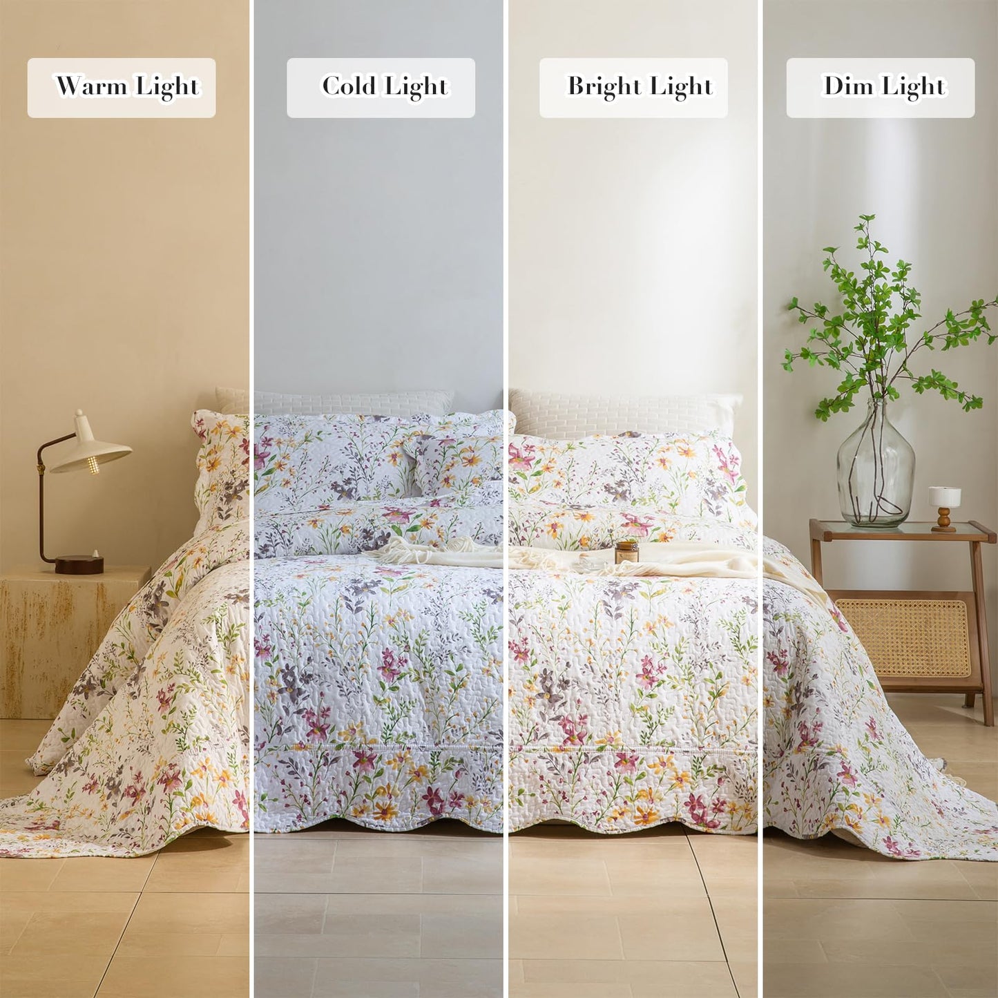 Masaca Oversized King Bedspread 128"x120",Yellow Wild Flower Botanical Printed Pattern Floral Oversized King Quilt Set Lightweight Scallop Extra Large California King Size Quilt Bedding Coverlet Set