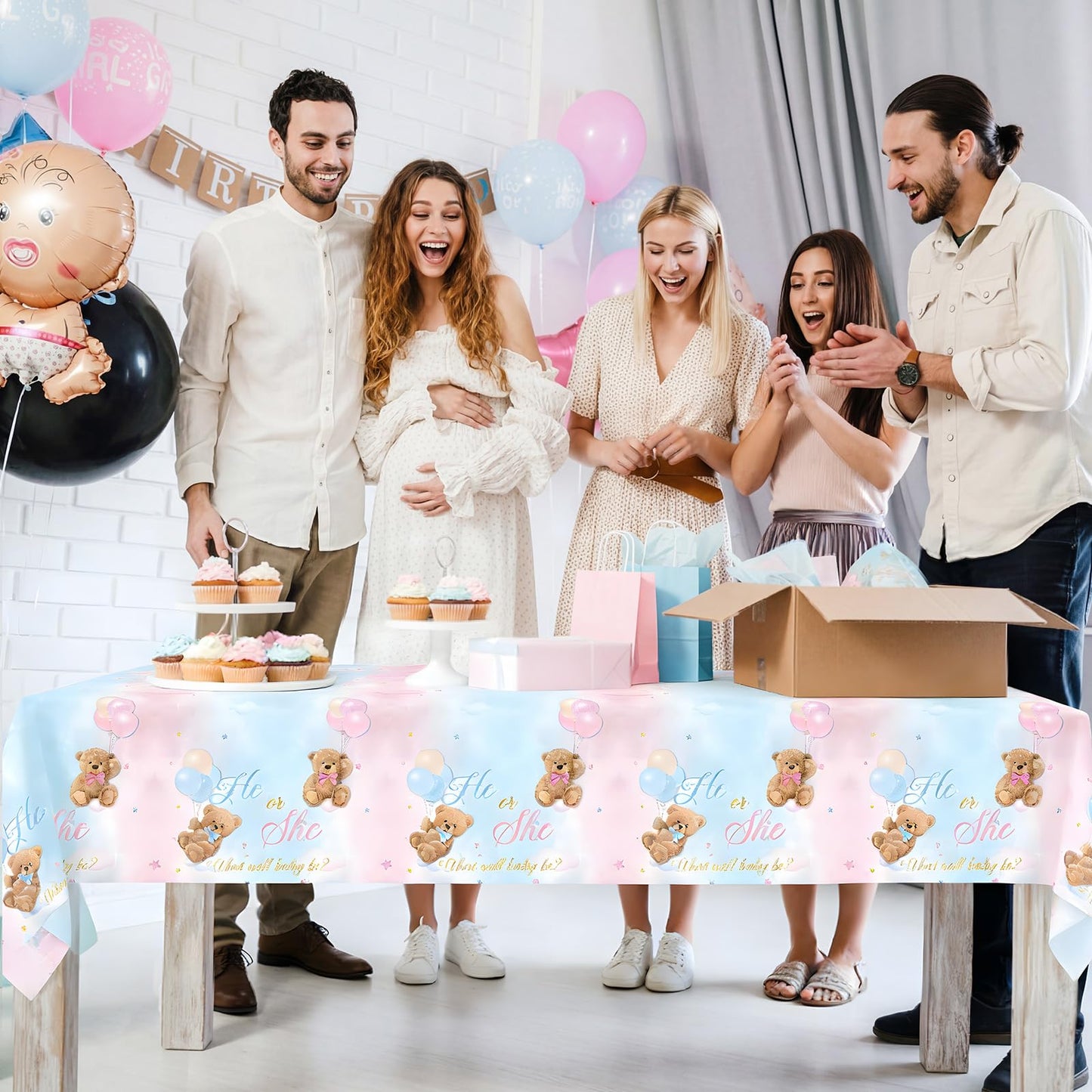 Tiamon 3pcs Bear Gender Reveal Tablecloths Decorations He or She Gender Reveal Table Covers Pink and Blue Rectangle Plastic Bear Baby Shower Table Cloths Party Decorations Supplies, 54 x 108 Inch