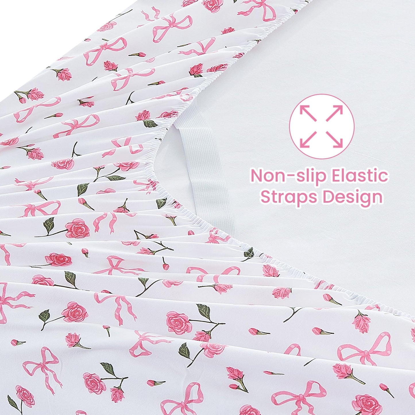 Softan Pink Floral King Bed Sheets, Cozy Microfiber Flower Printed Sheets with 15" Deep Pocket Fitted Sheet & Non-Slip Straps, Patterned Pink Rose - Bow Sheets & Pillowcase Set