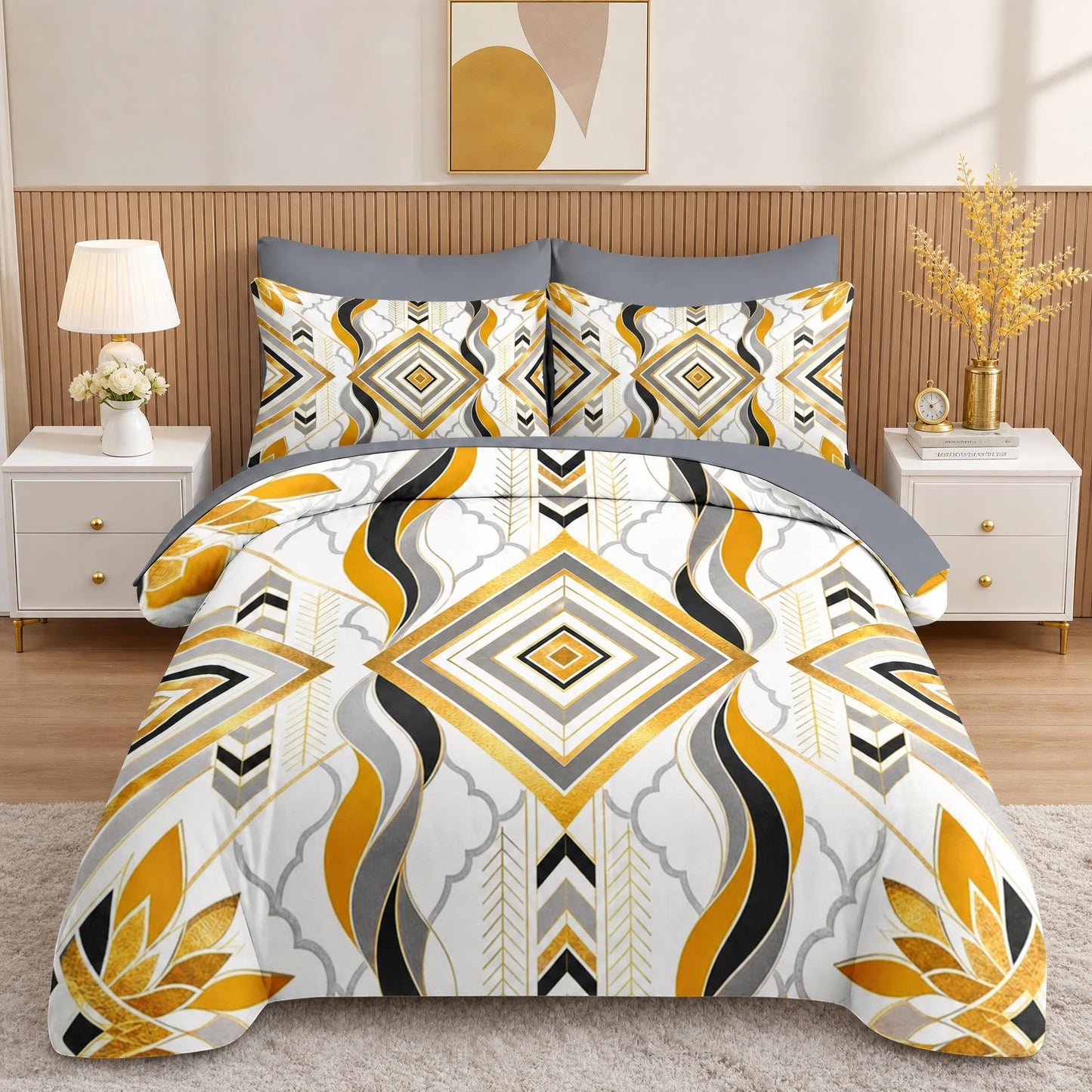 Boewywh Comforter Set Twin Size Geometric Gold Aztec 7 Pcs, Bedding for Kids and Adults, Abstract Modern Bed Sheet Sets with Fitted Sheet 2 Pillowcases & 2 Shams for Bedroom Bed Decor