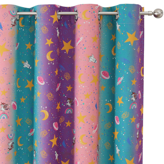 Estelar Textiler Unicorn Rainbow Galaxy Printed Ombre Pink Purple Teal Blackout Curtains for Kids & Girls Room,Thermal Insulated Room Darkening Grommet Drapes with Star & Moon Pattern,38Wx63L,2 Panels