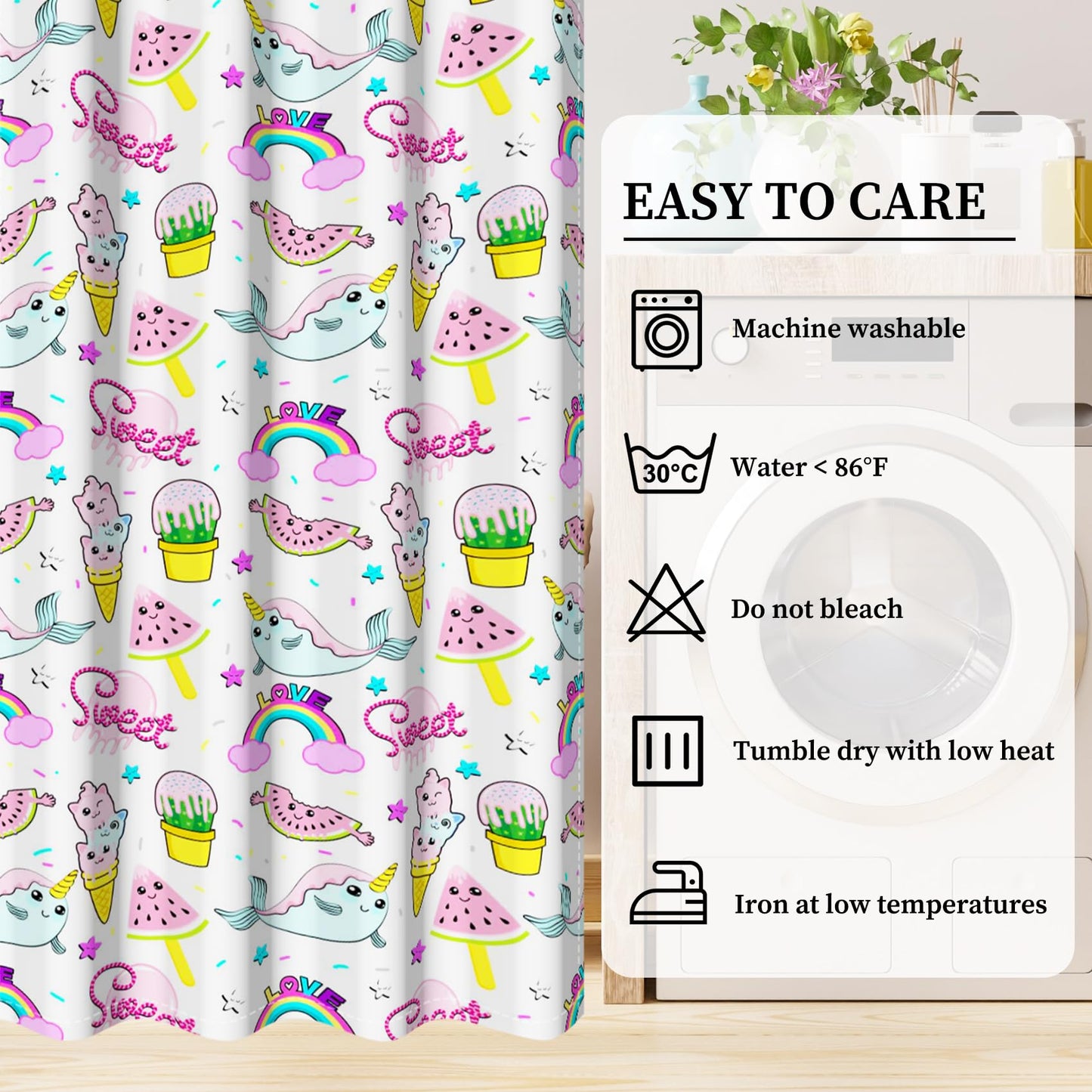 AOFOTO Cute Unicorn Narwhal Rainbow Pattern Kids Bedroom Curtains 2 Panel Sets, Summer Watermelon Ice Cream Print Blackout Curtains Pink Window Drapes for Girls Bedroom Nursery Decor 42x63 Inches