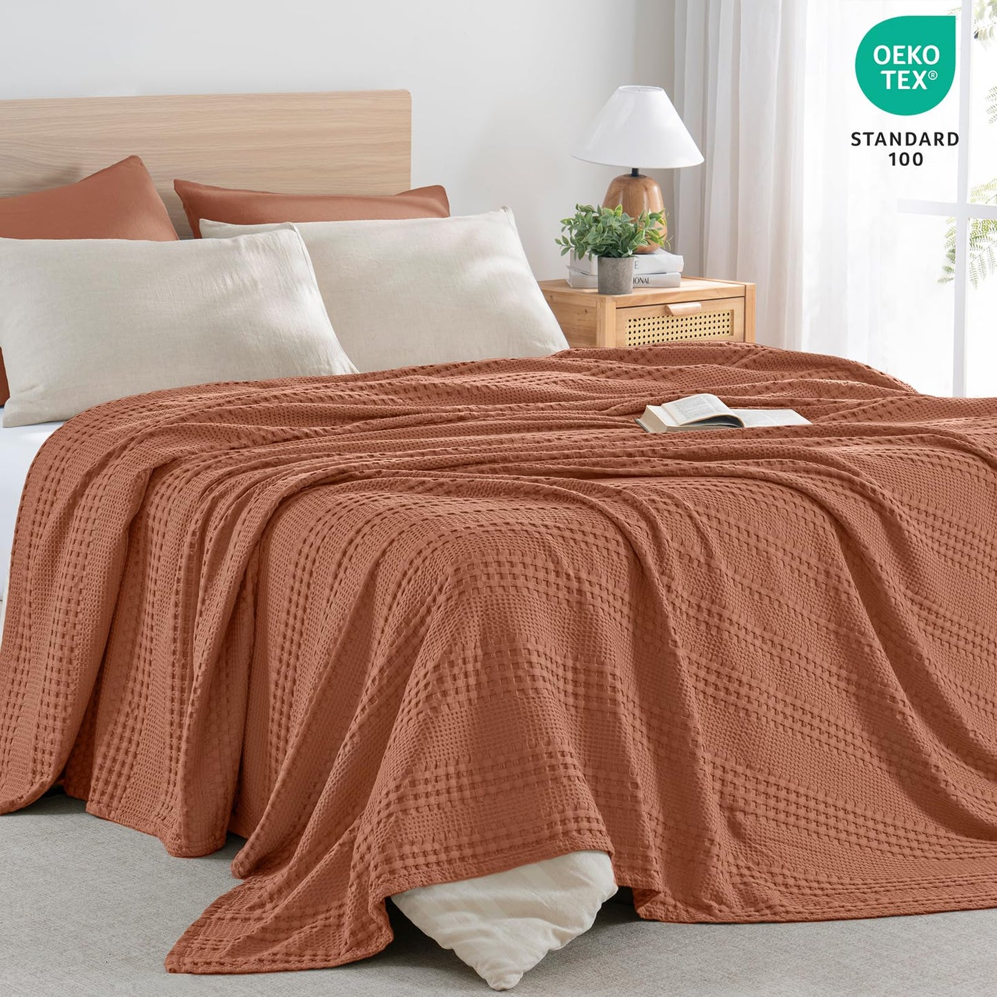 PHF Cooling Waffle Blanket Queen Size, Lightweight 60% Rayon from Bamboo & 40% Cotton Breathable Blanket for Hot Sleepers, Summer Use, Soft Luxury for Bed Couch Sofa, 90"x90", Terracotta