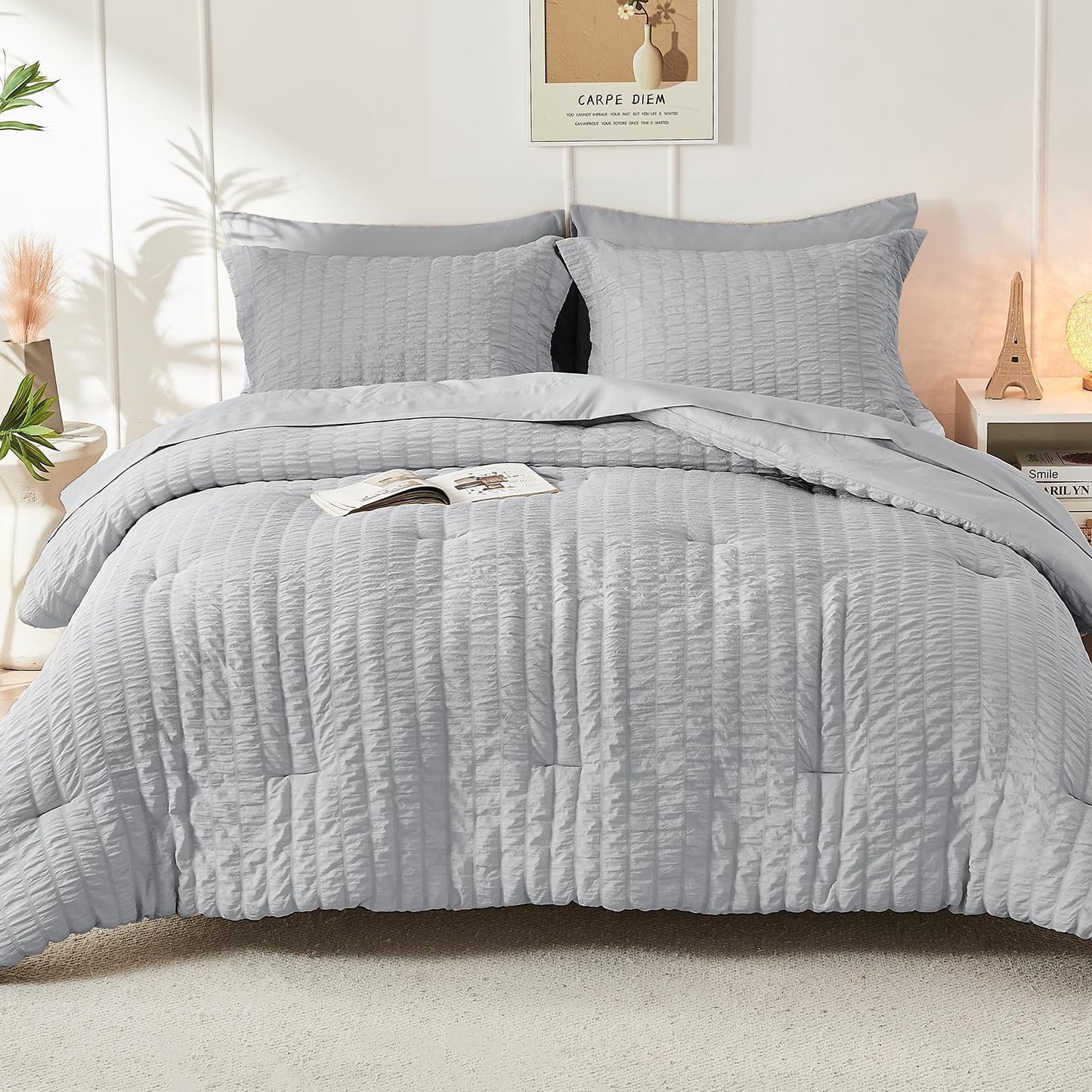 HYMOKEGE Light Grey Oversized Queen Comforter Set Seersucker 7 Pieces, All Season Luxury Bed in a Bag for Bedroom, Bedding Set with Comforter, Sheets, Pillowcases & Shams