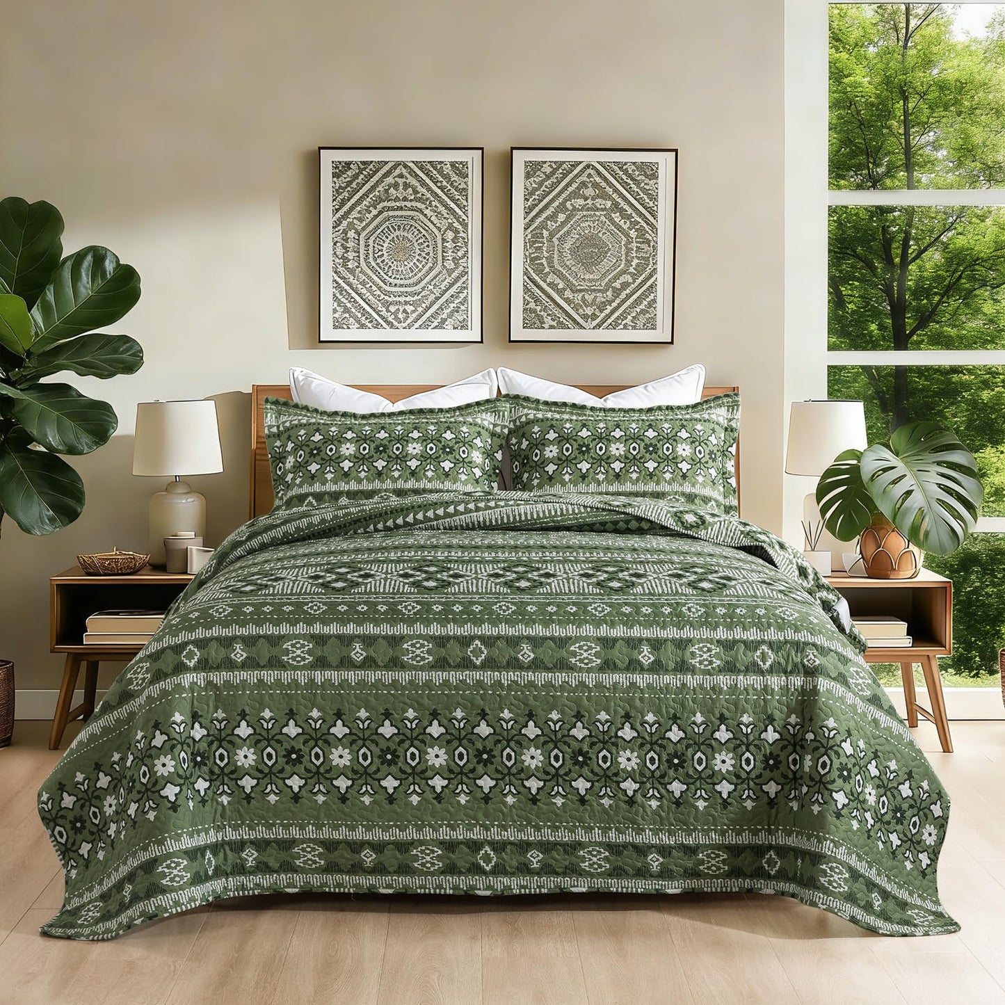 BEDIFANY Green Queen Comforter Set 3 Pieces, Boho Microfiber Queen Size Quilts for Bed, Lightweight Quilted Bedspread for All Season, Olive Green