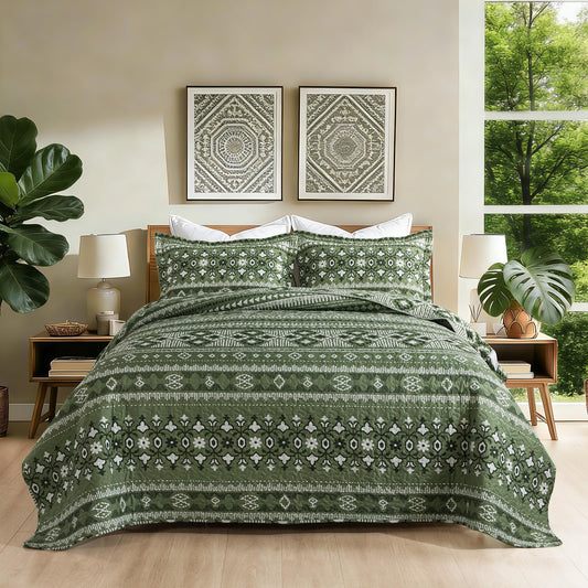 BEDIFANY Green Queen Comforter Set 3 Pieces, Boho Microfiber Queen Size Quilts for Bed, Lightweight Quilted Bedspread for All Season, Olive Green