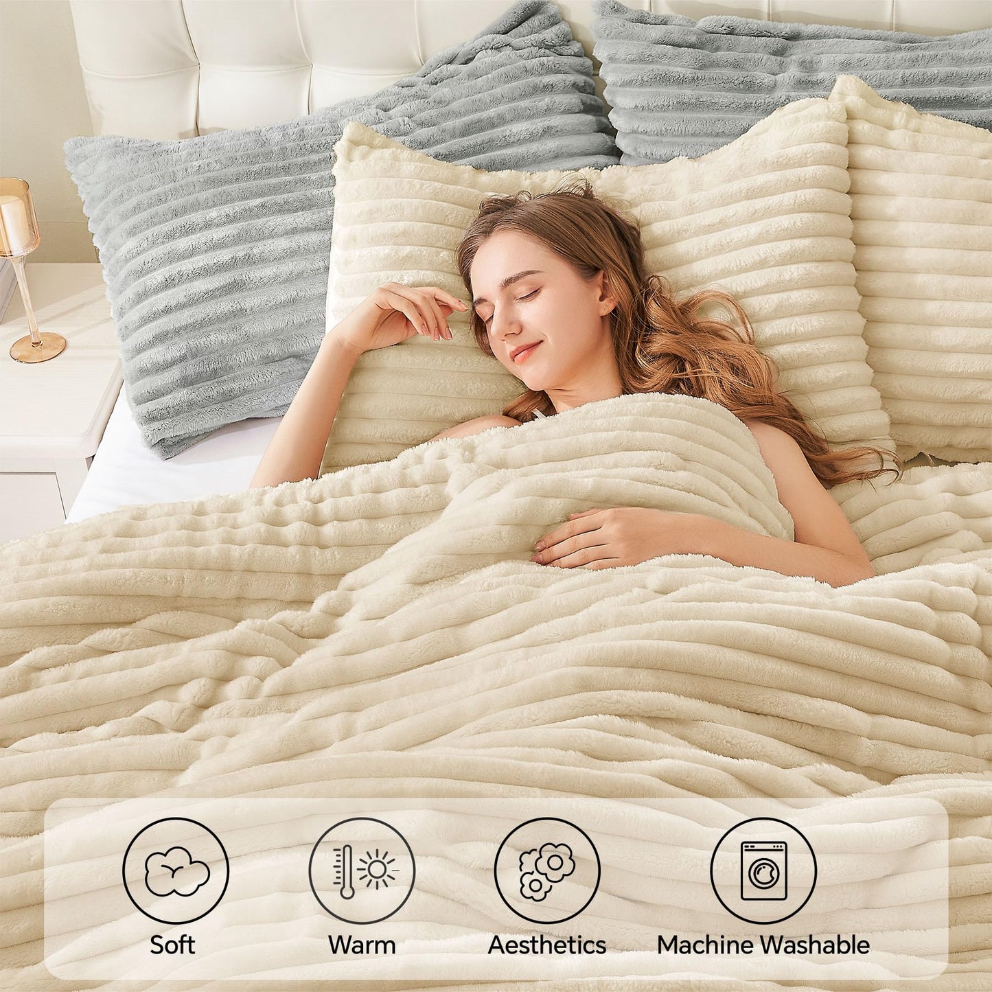 BEDELITE Fleece Queen Comforter Set -Super Soft & Warm Fluffy Beige Bedding, Luxury Fuzzy Heavy Bed Set for All Season with 2 Pillow Cases