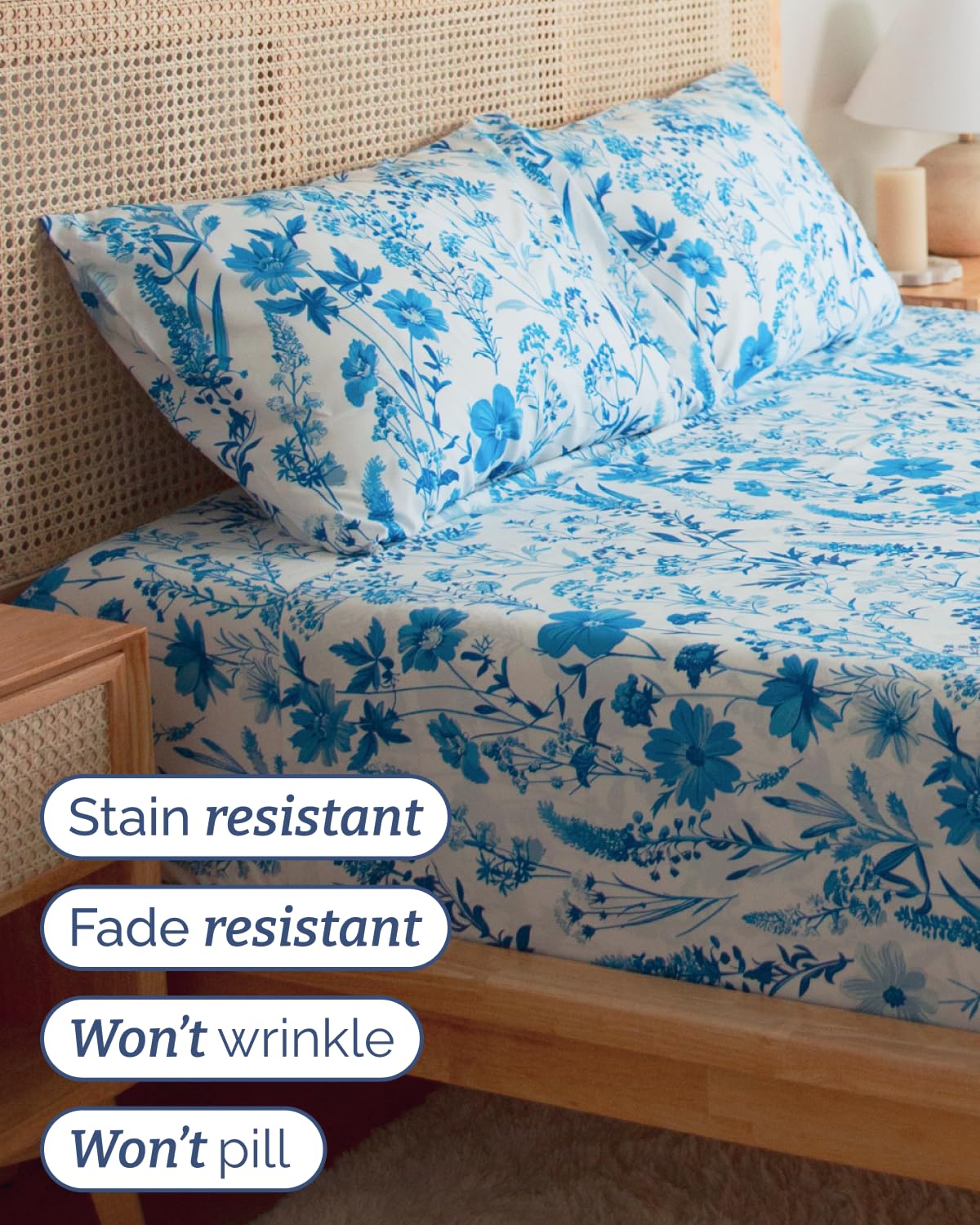 Floral Sheets - White & Blue Bed Sheet Set - 1 Flat, 1 Fitted & 2 Pillowcases w/ Deep Pockets - Comfy, Cozy, Wrinkle & Fade Free - Boho Botanical Bedding - Soft, Breathable & Cooling - King Size Set