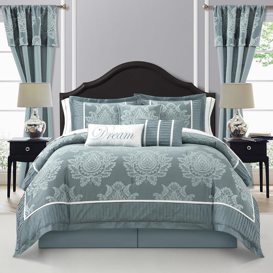 Stratford Park Blue Comforter Set King, 15 Pieces Room in a Bag, Elegant Patchwork Damask Jacquard Bedding Set, Matching Bedskirt, Flat Sheet, Fitted Sheet, Pillow Shams, Curtains