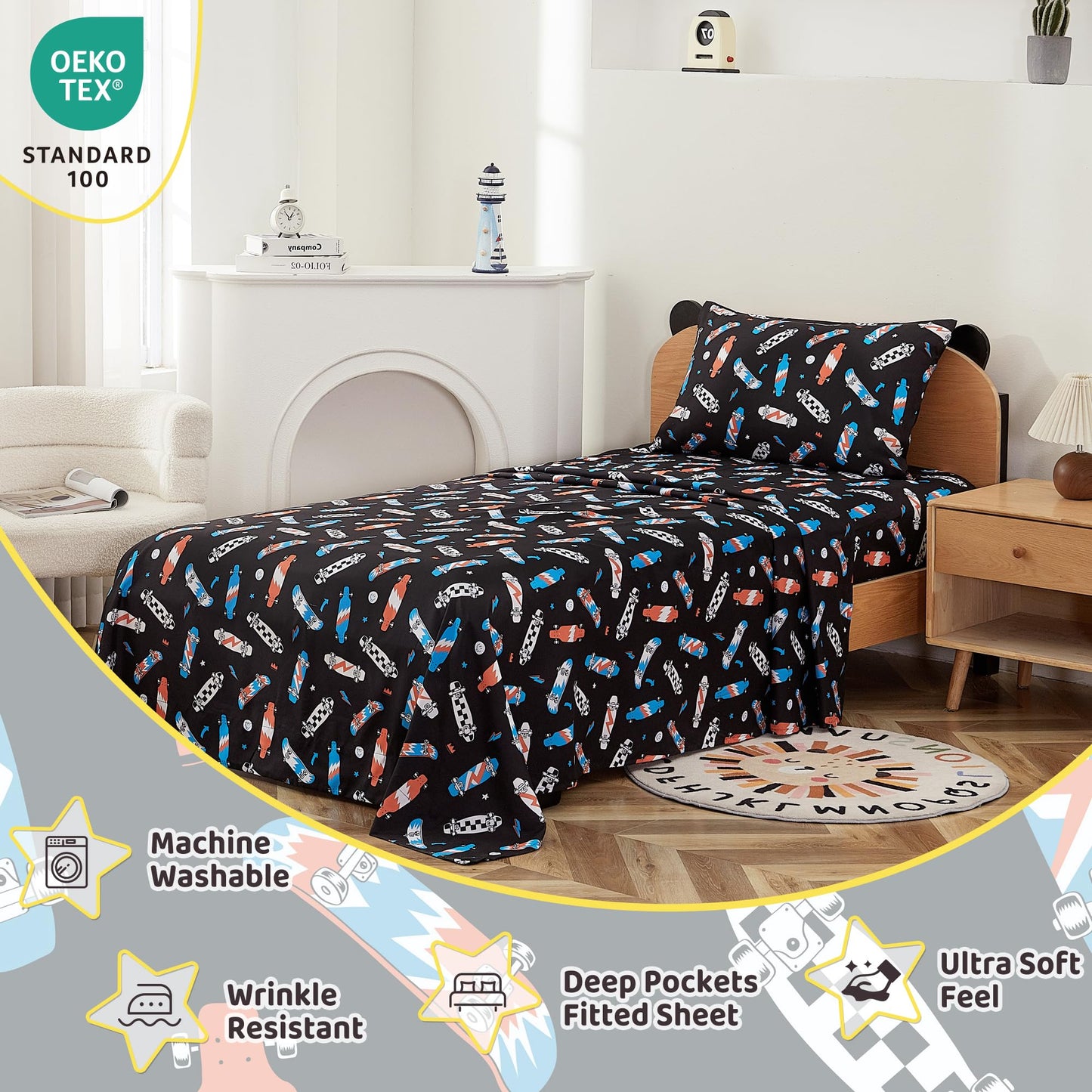 Viviland 3 Pieces Boys Black Twin Sheet Set - Soft Microfiber Fitted Flat Sheets & Pillowcase Bed Sheet Set - Cool Skateboard Bedding Sets for Kids