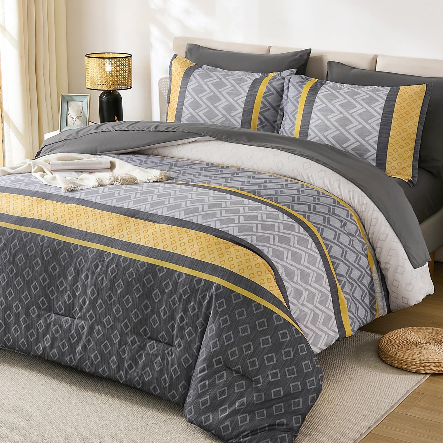Cottolester Queen Comforter Set 7 Pieces,Yellow and Grey Boho Striped Bed in a Bag,Soft Microfiber Complete Bedding Sets