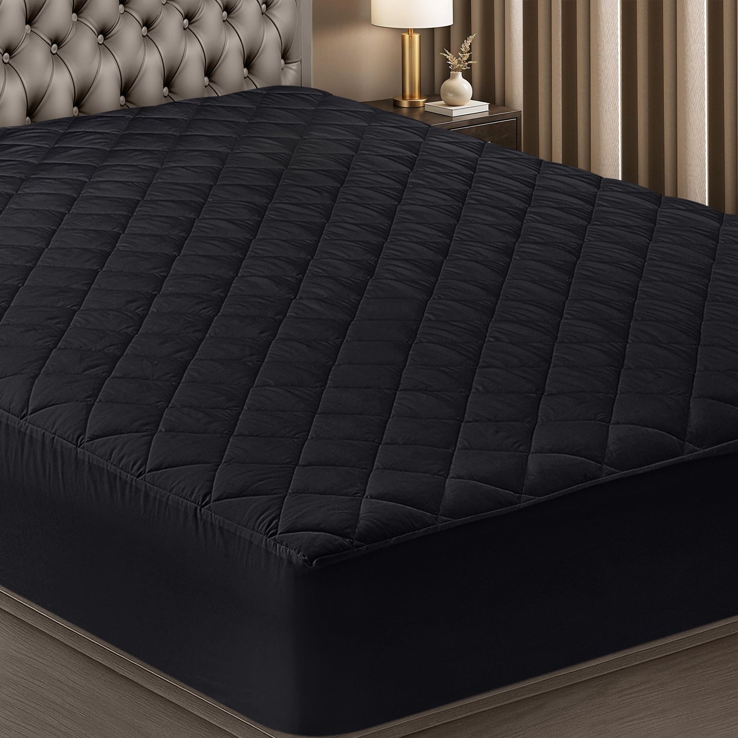 Quilted Fitted Mattress Pad, Queen Mattress Protector Topper with Deep Pocket Stretches up to 16 Inches, Machine Washable Mattress Cover by Utopia Bedding (Black)