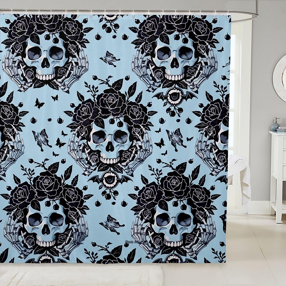 Erosebridal Goth Skull Shower Curtain Gothic Rose Bath Curtain Kids Adults Artistic Black Butterfly Bathroom Accessories Halloween Skeleton Hands Fabric Shower Curtains 72" Wx78 L