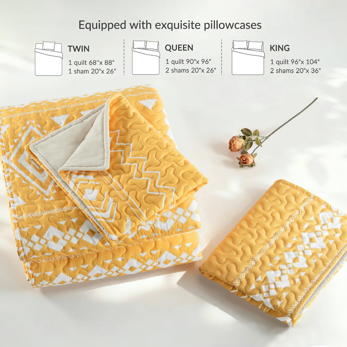 Whale Flotilla Full Queen Size Quilt Set - Reversible Yellow Quilts Queen Size with 2 Pillow Shams, Lightweight Boho Striped Bedspreads Coverlet Bedding Set for All Seasons
