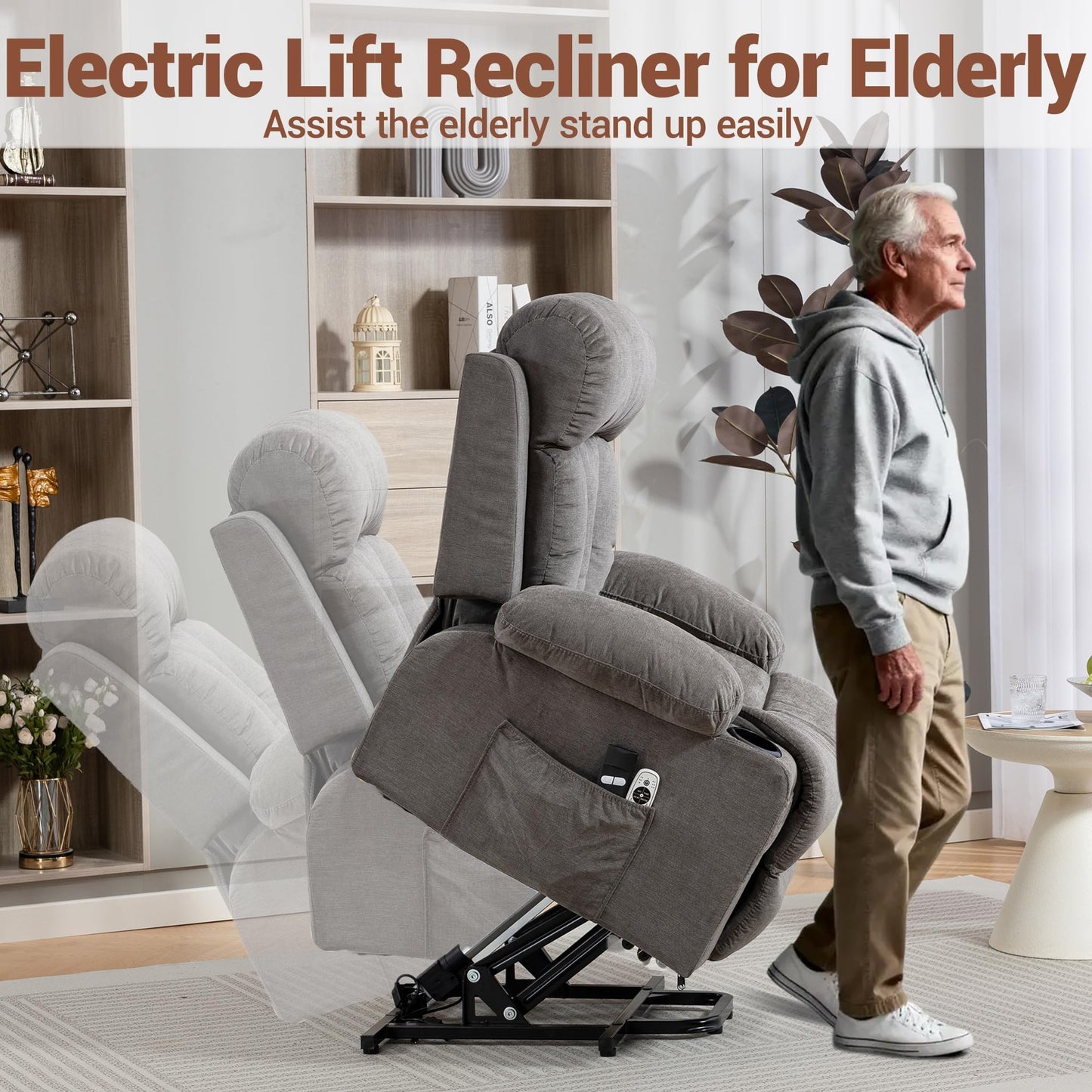 WENTUM Lift Chair for Elderly with 8 Vibration Points Massage and Heat, Power Electric Recliner Featuring Cup Holders Side Pockets & USB Charge Port for Living Room, Grey