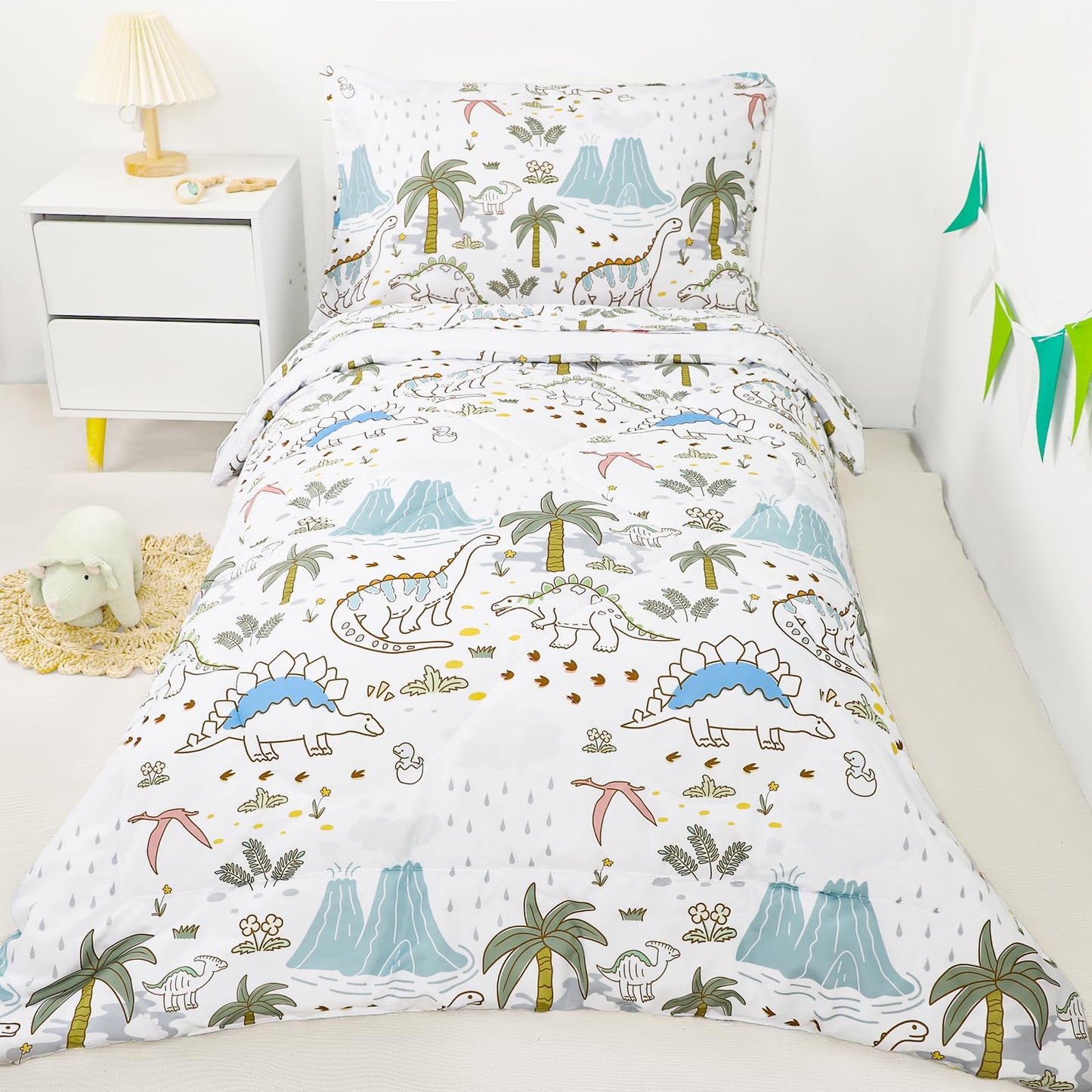 SWESEN Toddler Bedding Set for Boys, Cute Dinosaurs Toddler Boy Bedding Set, Soft & Lightweight 4 Piece Toddler Comforter Sets Include Comforter, Flat Sheet, Fitted Sheet, Pillowcase