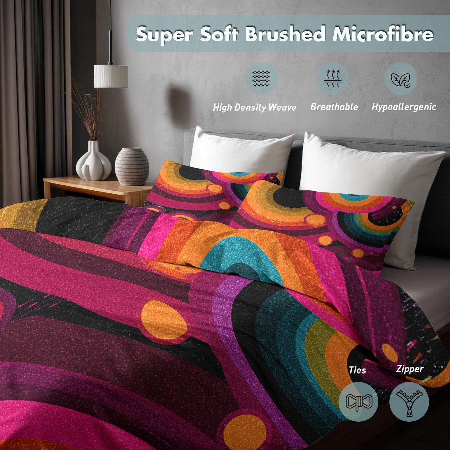 Abstract Geometric Queen Duvet Cover Set 3 Piece, Retro Circle Swirl Reversible Bedding with 2 Pillow Shams, Zipper & Ties, Ultra Soft Microfiber, Abstract Bedroom Decorations 20A-L