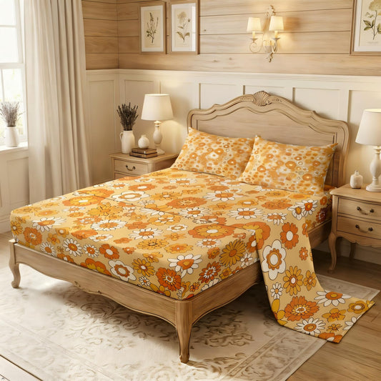 60S 70S Retro Floral Bed Sheets Full Beige Groovy Flowers Bedding Set Colorful Hippie Sheet Set For Kids Girls Teen Vintage Bohemian Colorful Blossom Fitted Sheet + Flat Sheet + 2 Pillow Cases