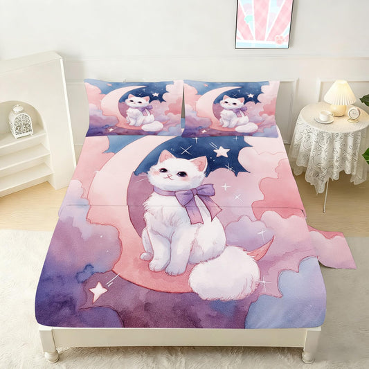 Cute Cat Sheet Set Twin Size, Girls Watercolor Fitted Sheet Set, White Cat Bedding for Kids Kitten Bedspread with Bow, Kawaii Cloud Bed Set for Bedroom Decor 1 Fitted Sheet+1 Flat Sheet+1 Pillowcase
