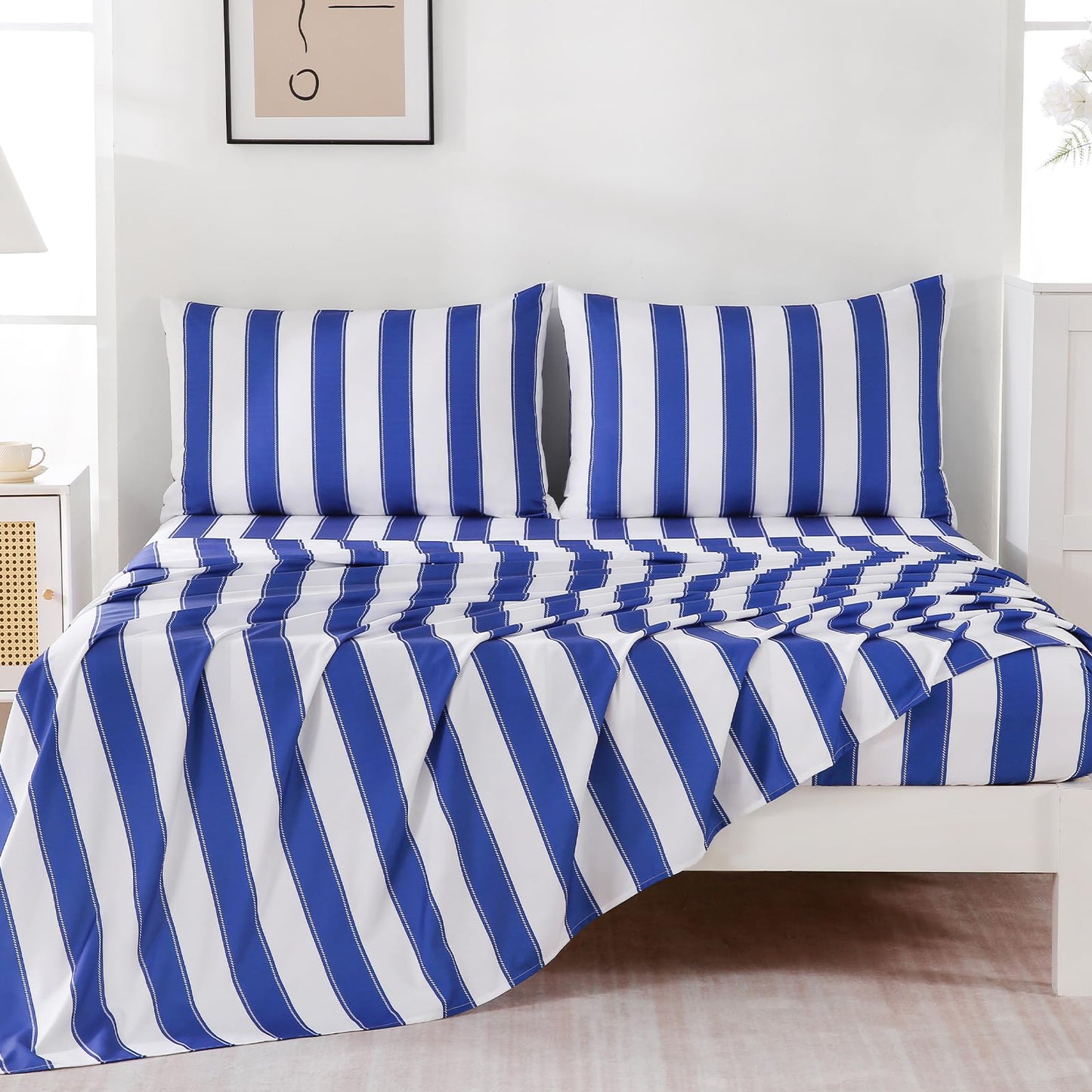 MCO 4Pieces Striped Sheets Set, Breathable King Sheet Set with 16" Deep Pocket,Modern & Luxury, Brushed Microfiber Bedding Set(King, Navy Blue)