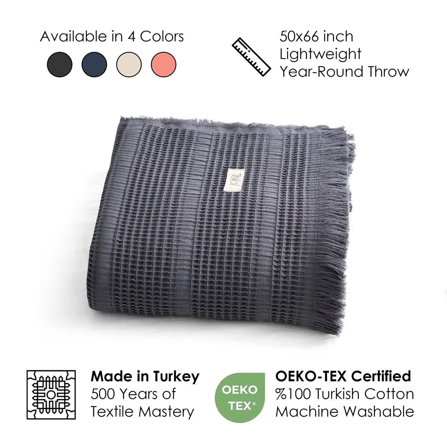 Jojomia Mira Waffle Throw Blanket with Tassels - 50x66 Inch - 100% Turkish Cotton Tencel Breathable Blend Lightweight Blanket for Couch, Sofa, Bed