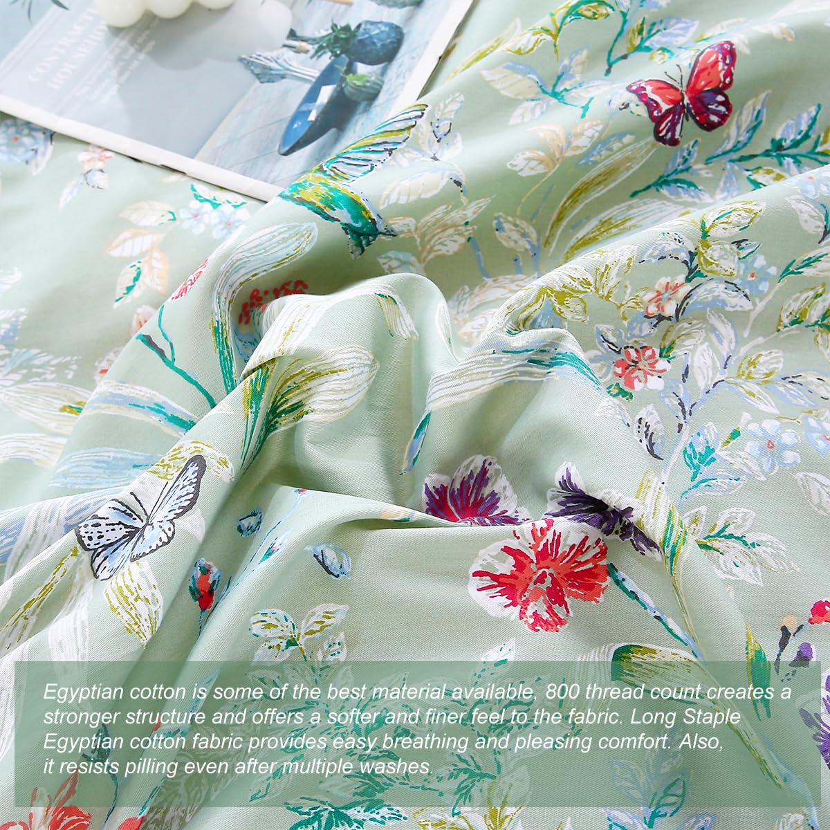 URBONUR 100% Cotton Duvet Cover Set Twin Size 3 Piece Green Floral Butterfly Printed Bedding Set, Soft and Breathable Comforter Cover Sets, Twin Size