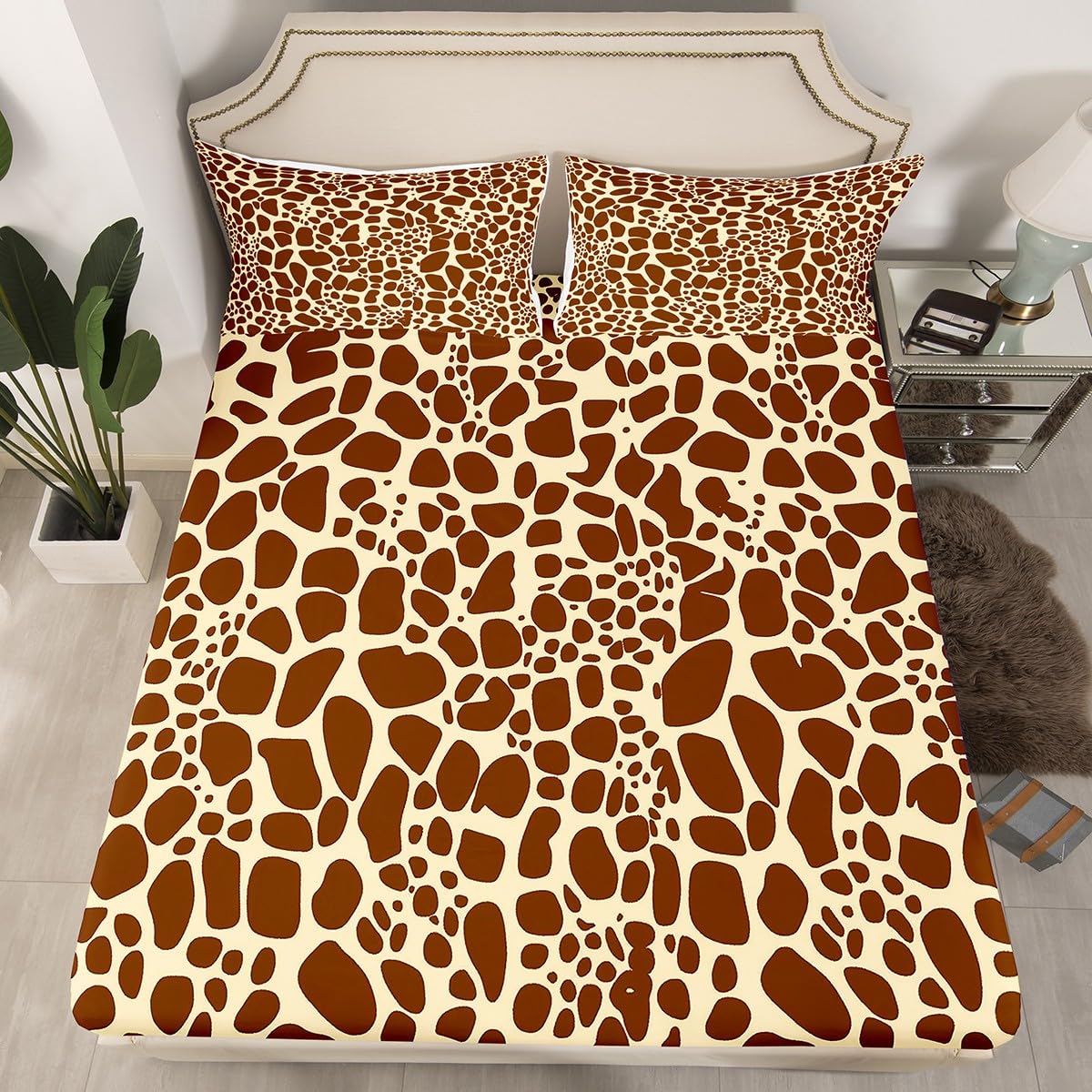 Erosebridal Giraffe Print Bed Sheets Queen for Boys Girls Geometric Brown Giraffe Sheet Set Wild Animal Theme Skin Pattern Sheets for Kids Teens Luxury 4Pcs(1 Flat Sheet,1 Fitted Sheet,2 Pillowcases)…