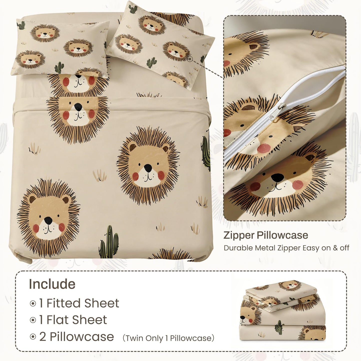 Cute Lion Sheet Set, 3 Pcs Twin Size Kids Wildlife Bed Sheets