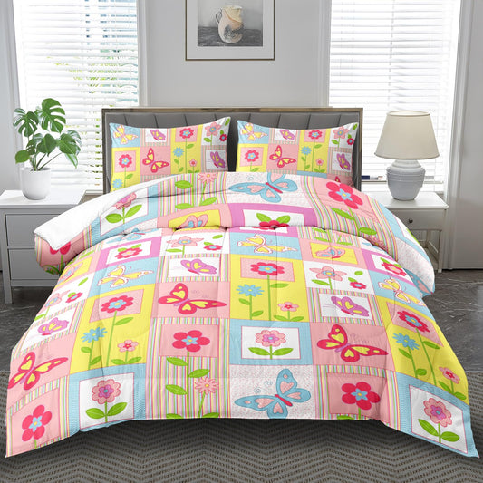 llyxsesty Pink Butterfly Kids Comforter Set King Girls Floral Bedding Set Girls Pink Grid Comforter Kids Quilt Bedroom Decor White Purple Blue Pink Butterfly Bedding Bed Decor