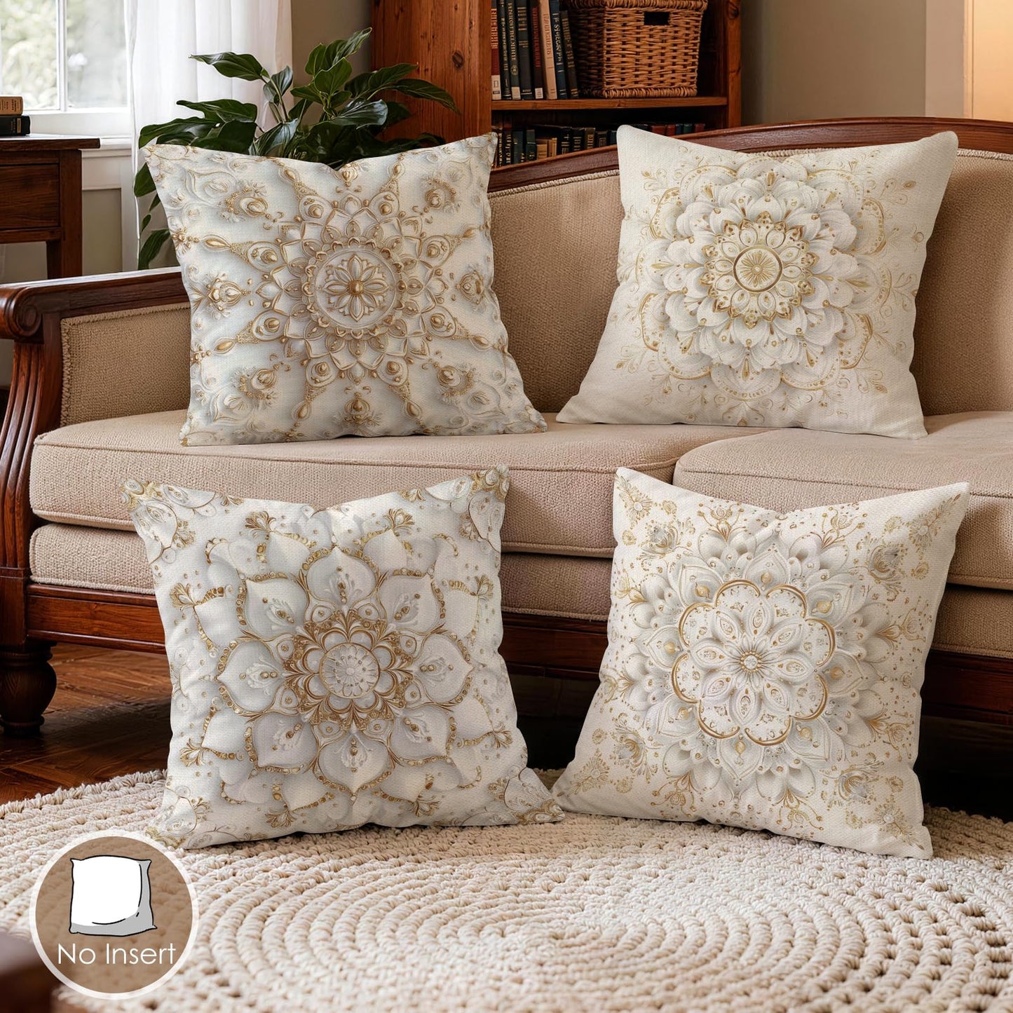 OBSEDE Golden Mandala Decorative Throw Pillow Covers 18x18 Inches Set of 4, Faux Linen Printed Cushion Covers for Couch Sofa Living Room Bedroom Home Decor