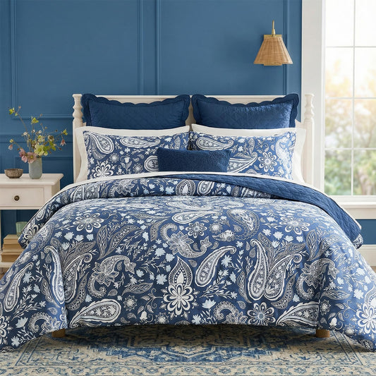 Bedorm Duvet Cover Set Queen Size 100% Cotton Paisley Bedding Set 3 Pcs Soft & Breathable Bedding Vintage Paisley Floral Print Boho Chic Duvet Cover with Zipper Closure