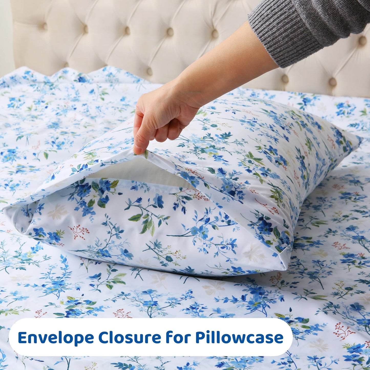Mooreeke Cozy Vintage Microfiber Printed Full Sheet Set - Soft & Breathable Percale Blue Green Floral Bed Sheets with Extra Deep Pocket - Non-Slip Fitted Design - Blue Green Flower Pattern