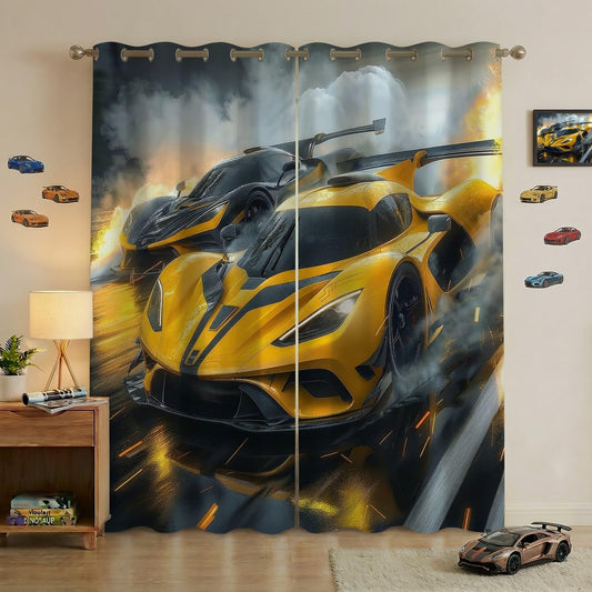 terxgrl Race Car Blackout Curtains for Boys Room, Racing Sports Car Window Drapes for Kids Bedroom, Yellow Black Supercar Darkening Curtains for Teen Gamer Room, 42 x 45 Inch