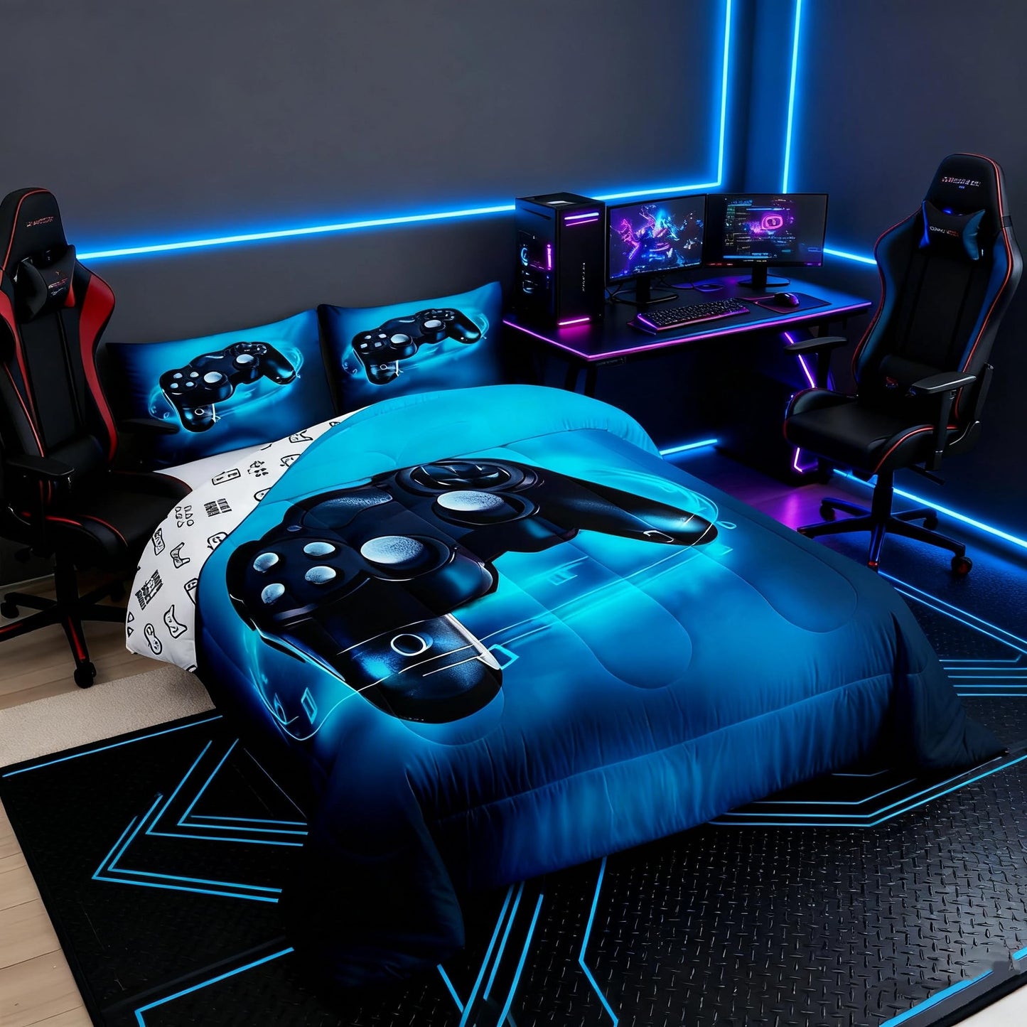 Feelyou Gamer Comforter Sets for Boys Twin Bedding Set for Boys Kids Gaming Comforter Gamer Room Decor Blue Video Game Bed Set Teens Bedroom Gamepad Duvet Set All Season 1 Comforter with 1 Pillow Case