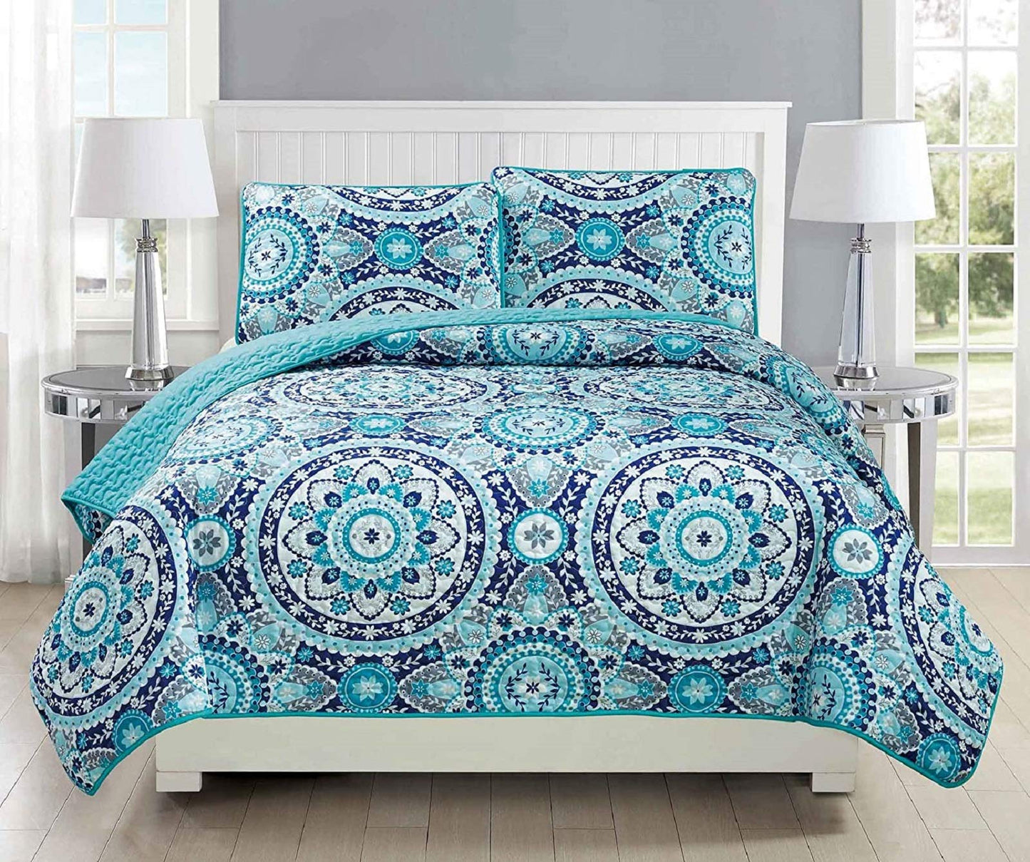 Fancy Collection 3pc Quilted Bedspread Set Coverlet Over Size New (King/California King, Turquoise, Blue, Gray, Teal)