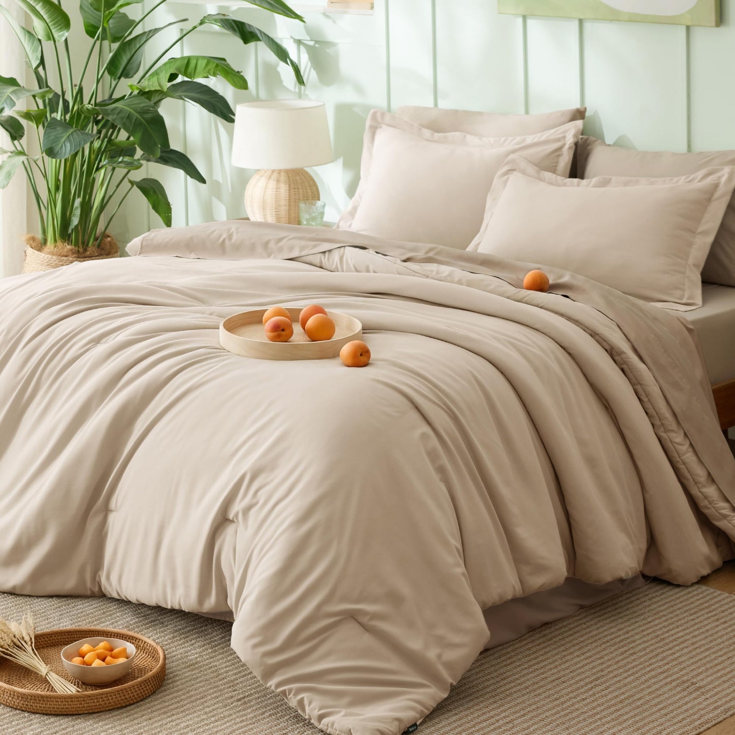 Bedsure King Size Comforter Set - 7 Pieces Light Beige King Bedding Set for All Seasons, Boho Contrasting Design Bed in a Bag with Comforter, Sheets, Pillowcases & Shams