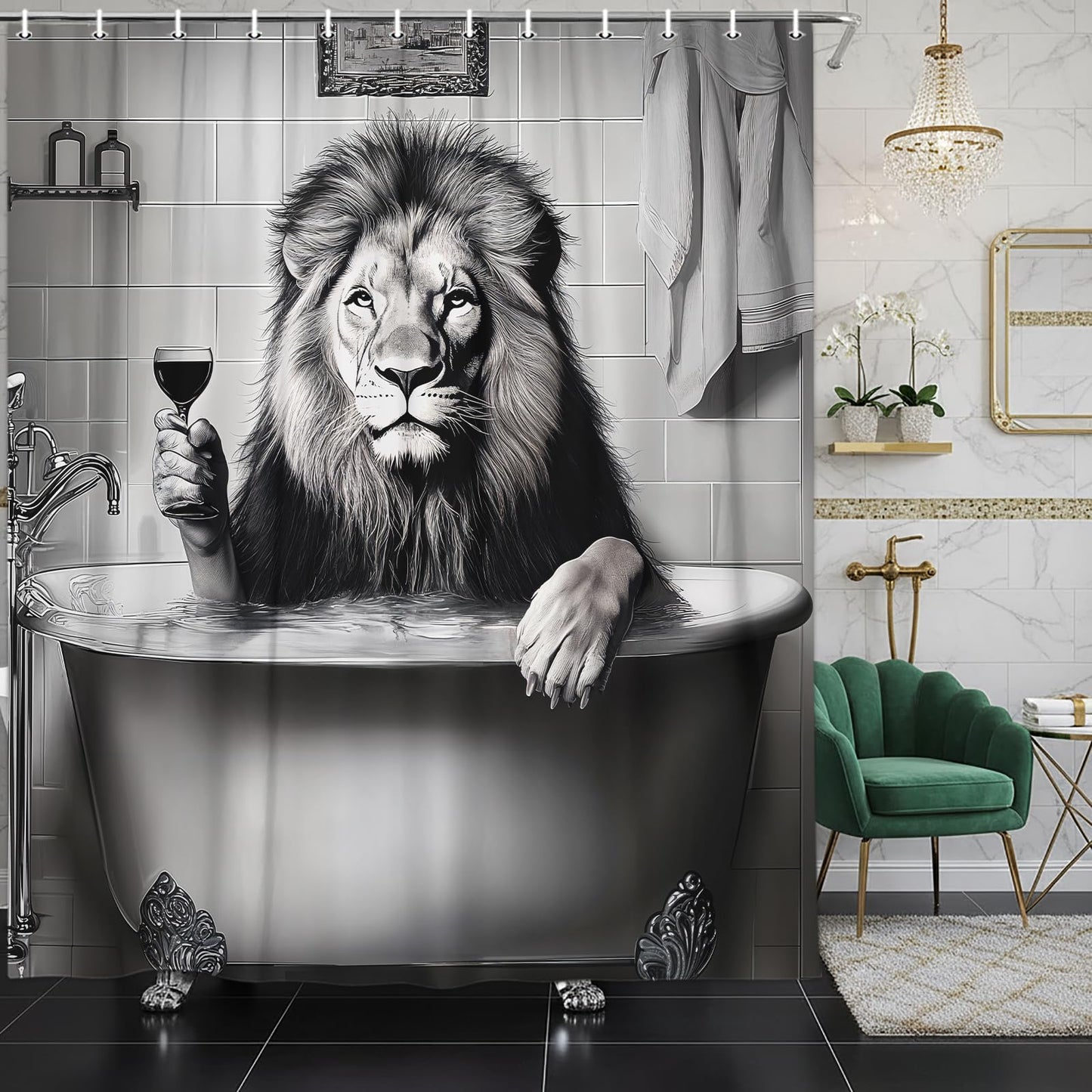 Grtuspr Funny Lion Shower Curtain, Black White Wildlife Animal Boys Men Gray Shower Curtains, Fun Lion Modern Bath Decoration Waterproof Polyester Fabric Shower Curtain Sets with 12 Hooks