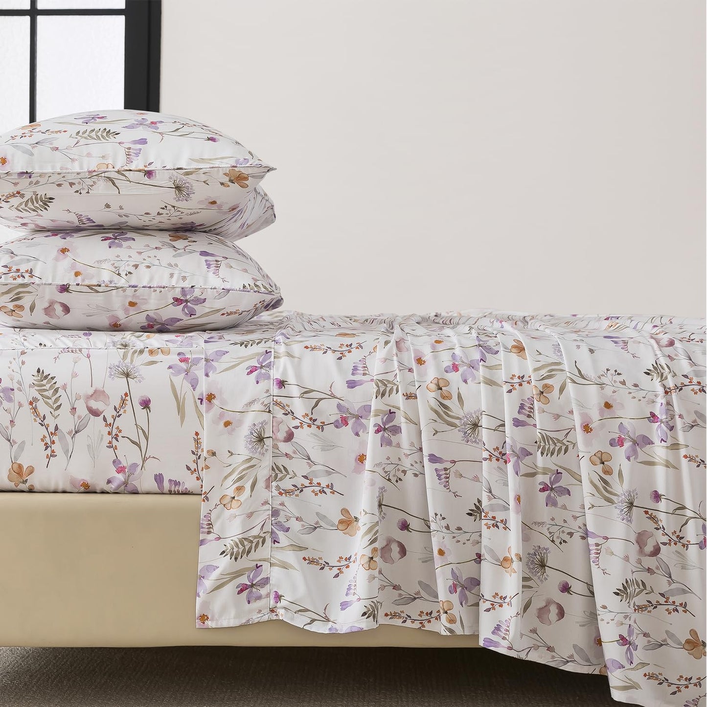 FADFAY Twin Size Sheet Set, 70% Viscose Derived from Bamboo, 30% Cotton 4 Pieces Country Style Lavender and Orange Floral Print Bedding, Deep Pocket Fitted Sheet