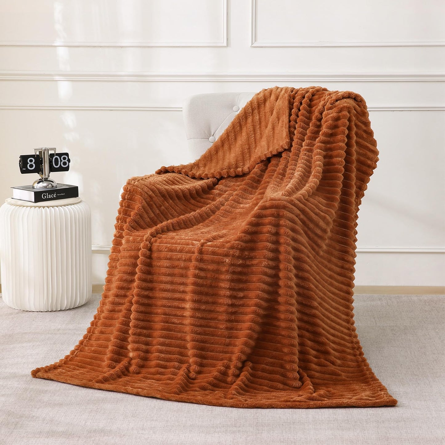 Linecooo Burnt Orange Fleece Throw Blanket 50”×60” for Couch Sofa Bed,Super Soft Cozy Plush Microfiber Flannel Blanket with Stripes Design Lightweight for Adults,Woman,Girls