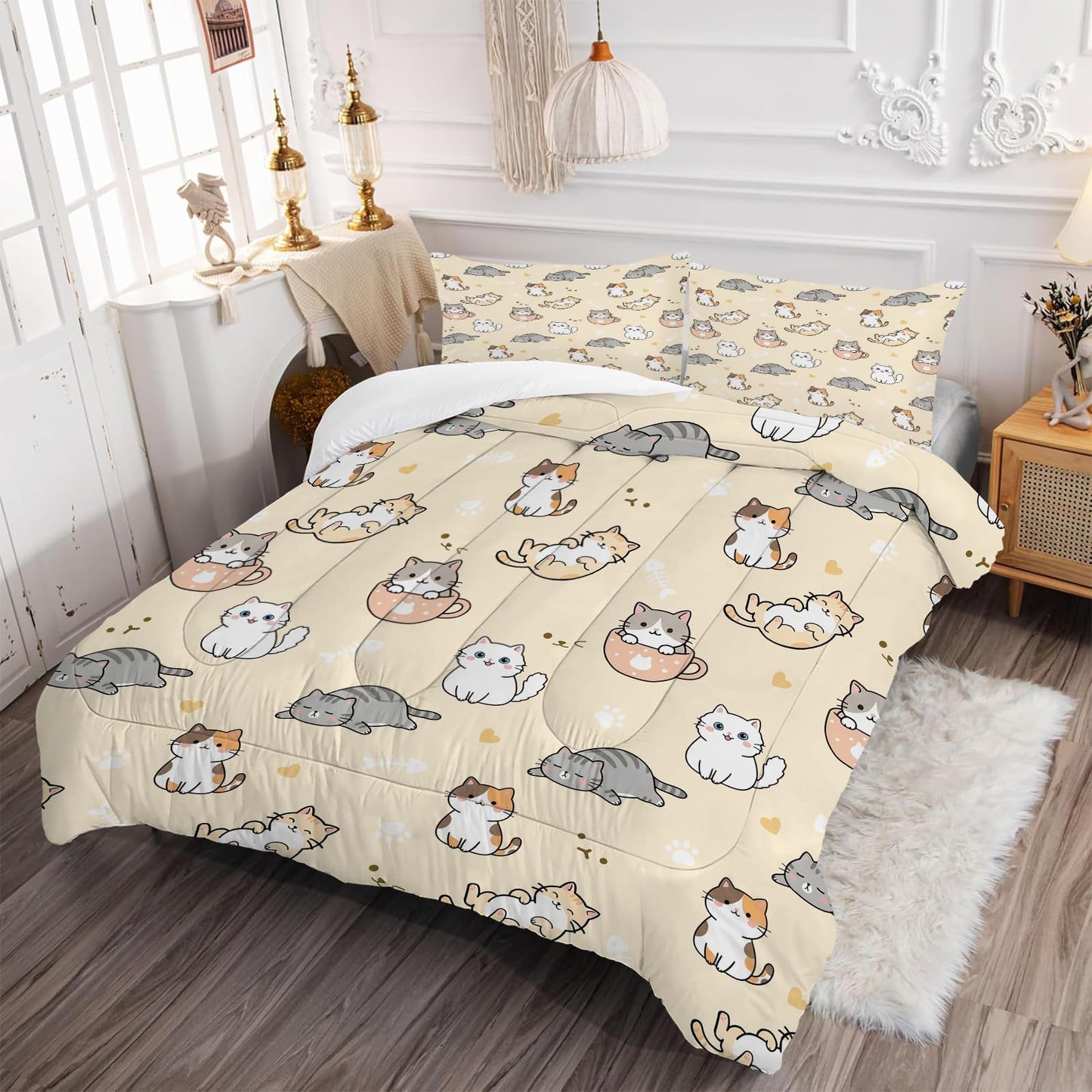 EDGZKO Cat Comforter Set Full Size Cartoon Cat Pattern Princess Bedding Set Soft Toddler Quilt Duvet Set Full Bed Set for Girls Kids Teens Adults Nursery 1 Comforter 2 Pillowcases
