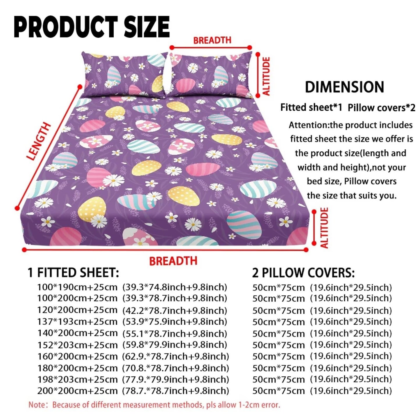 ZDCUSTOM Easter Egg Sheets Twin XL Size Wrinkle Free Bed Sheets Purple Bedding Sheets & Pillowcases 3 Piece Set Soft Deep Pocket Fitted Sheet & Pillow Case for Easter Decor, 39" x 79"