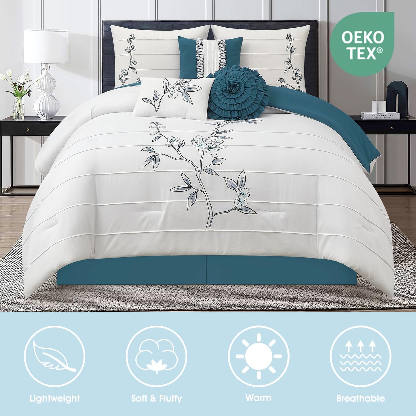 LANCO MODERN LIFESTYLE 7 Piece California King Comforter Set, Blue White, Floral Embroidery, Microfiber Pleating Bedding Set for All Seasons with Comforter, Bed Skirt, Pillow Shams and Decor Pillows