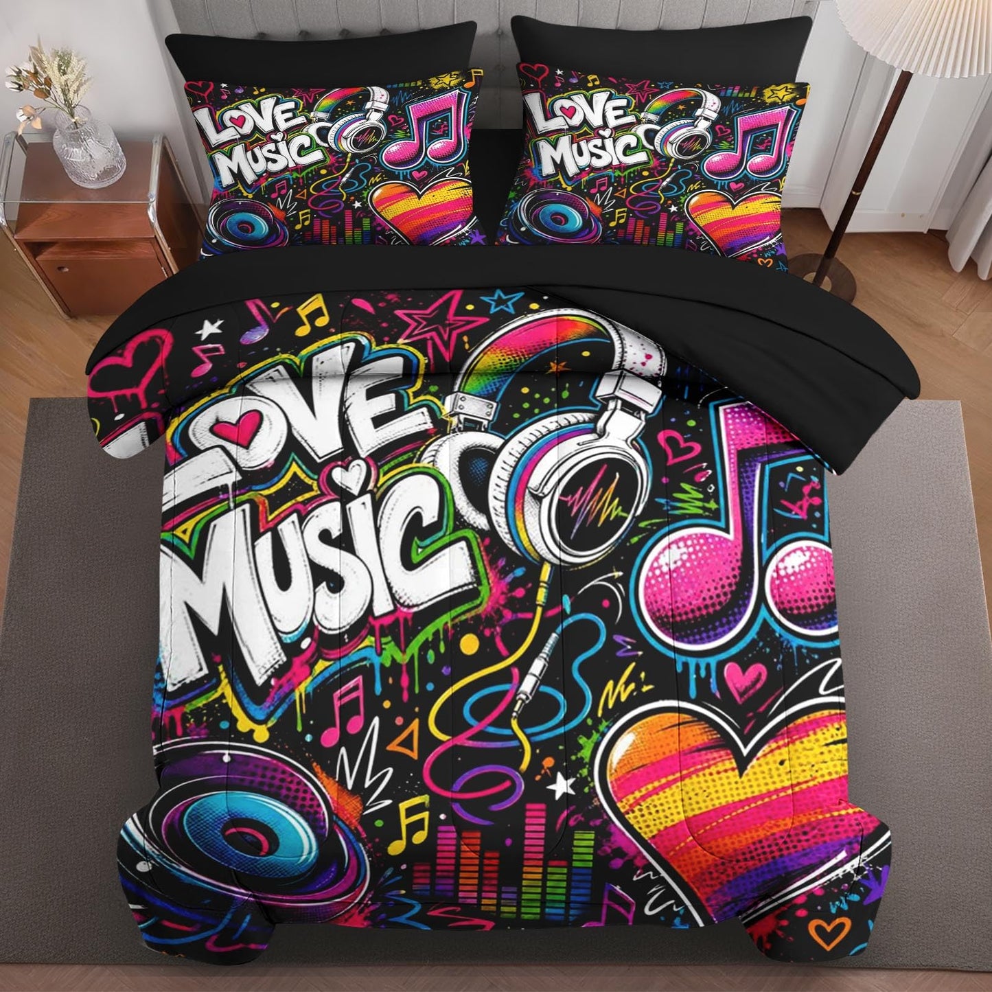 Boewywh Comforter Set Twin Size Music Graffiti Heart 5 Pcs, Bedding for Kids and Adults, Bed Sheet Sets with Fitted Sheet Pillowcase & Sham for Bedroom Bed Decor