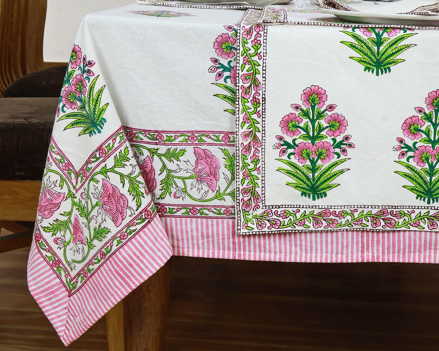 60x60 Inches Square Hand Block Printed Cotton Tablecloth, White Pink Floral Table Cloths Washable, Indian Table Linen for Christmas Thanksgiving Gifts Home Decor Dining Outdoor